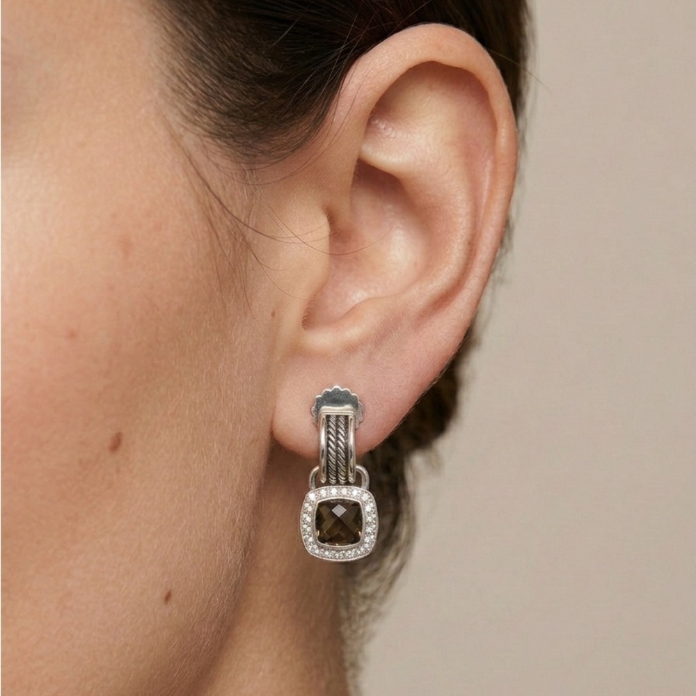 DAVID YURMAN Sterling Silver Diamond smoky quartz 2 Piece Dangle Drop Earrings